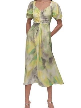 DKNY Midi Square-Neck Dress in Yellow Green Print (NWT)